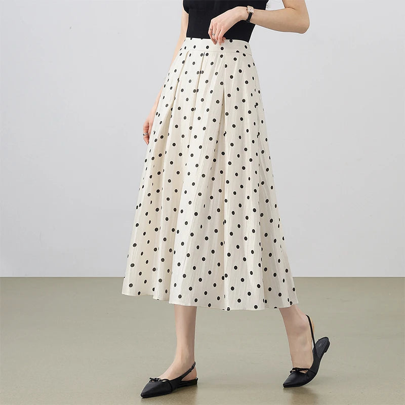 SENTUBILA Polka Dot Women's Skirt 2026 Fashion French Style A-line Elegant High Waist Pleated Ladies Long Skirts 152QG0009