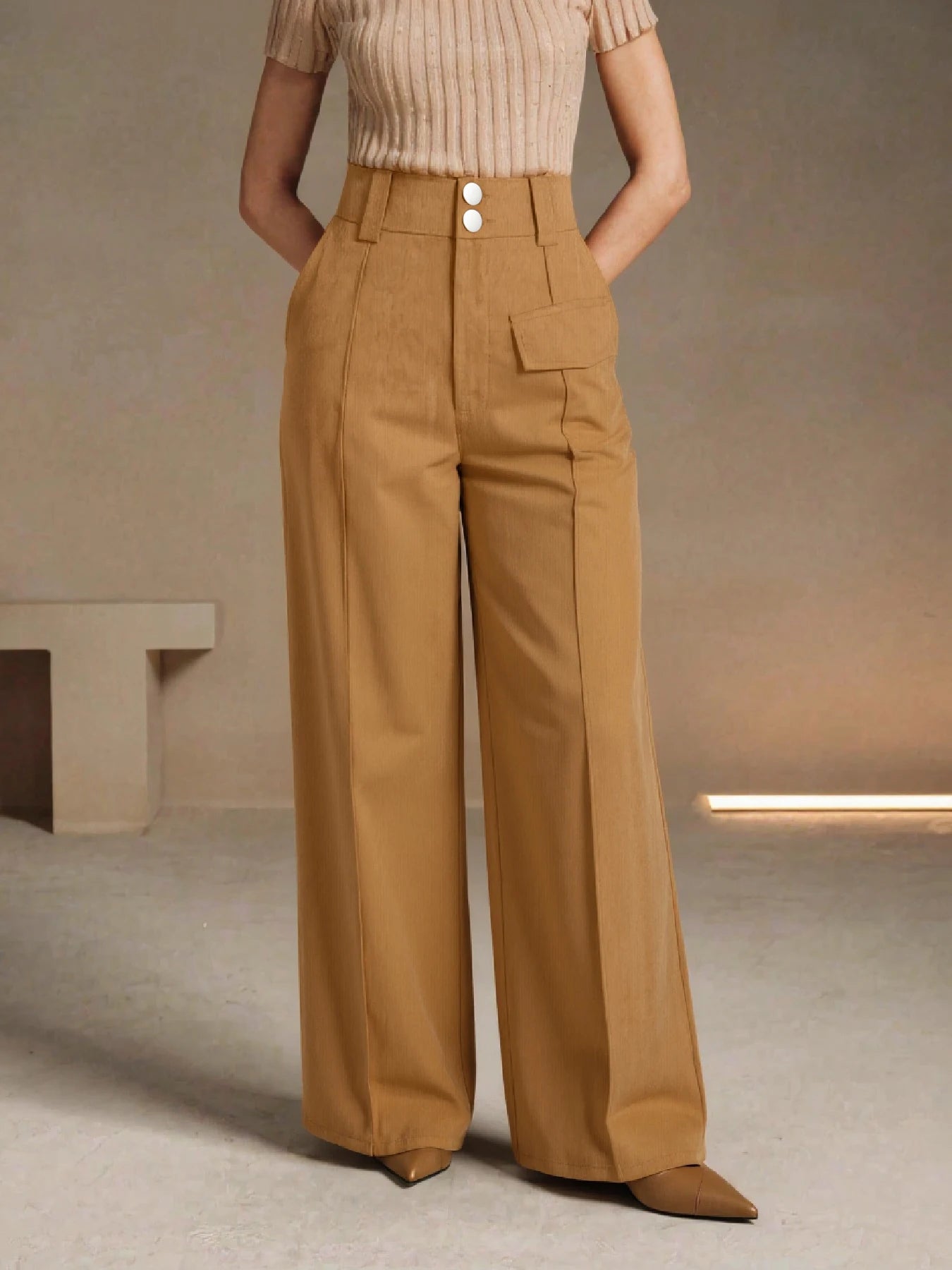 Women's High Waist Corduroy Wide Leg Pants Casual Loose Fit Trousers with Pockets Streetwear