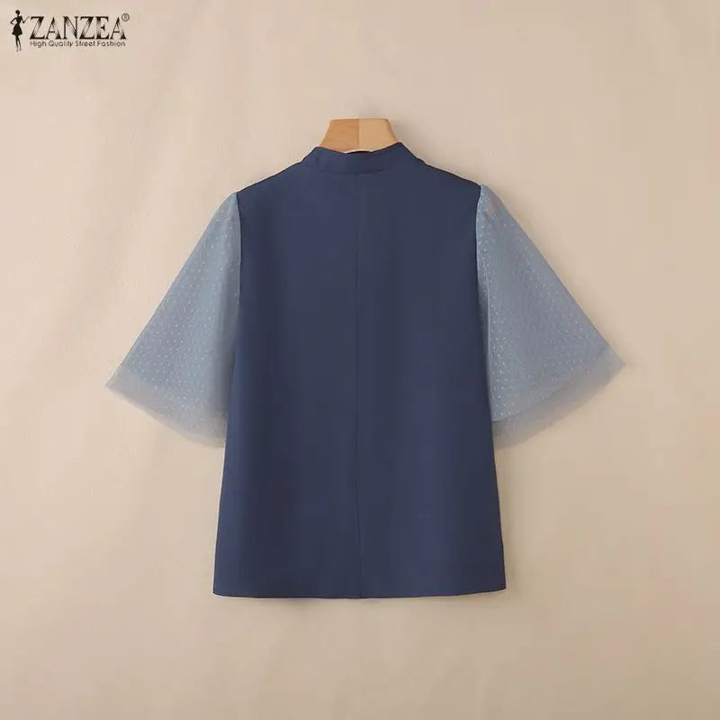 ZANZEA Woman Elegant Blouses Vintage Mandarin Collar Polka Dot Mesh Patchwork Half Sleeve Tops Summer Casual Blusas de Mujer