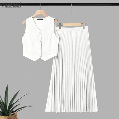 ZANZEA 2PCS Office Outfits Summer Elegant Sleeveless V Neck Short Sleeve Cropped Shirt Pleated Dress Sets Women 2 Pieces Sets