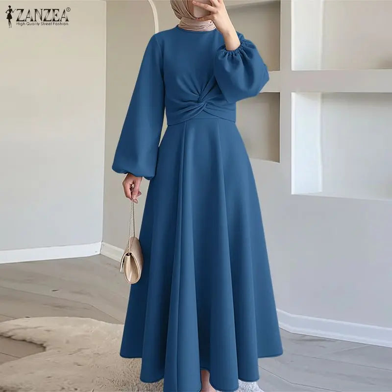 ZANZEA Elegant Muslim Abaya Dresses Ramadan Robe Stylish Women Long Lantern Sleeve Pleated Sundress Kaftan Solid Maxi Long Dress