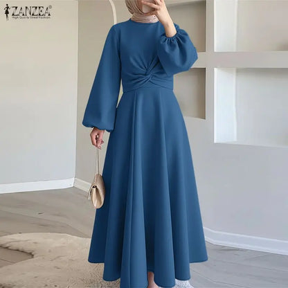 ZANZEA Elegant Muslim Abaya Dresses Ramadan Robe Stylish Women Long Lantern Sleeve Pleated Sundress Kaftan Solid Maxi Long Dress