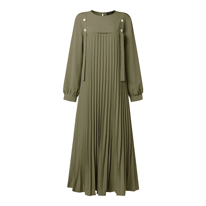 ZANZEA Muslim Women Patchwork Maxi Dress Ramadan Abaya Elegant O Neck Long Sleeve Pleated Sundress Robe Femme Casual Kaftan 2026