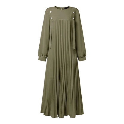 ZANZEA Muslim Women Patchwork Maxi Dress Ramadan Abaya Elegant O Neck Long Sleeve Pleated Sundress Robe Femme Casual Kaftan 2026