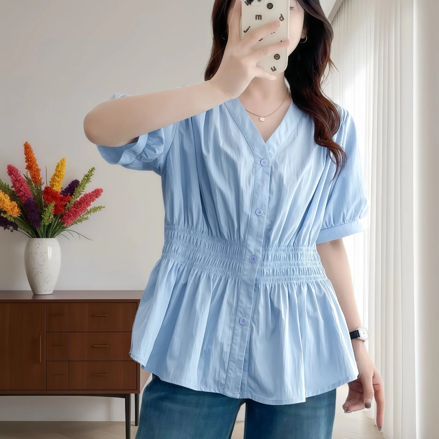 200 Pounds Plus Size Elastic Waist Summer Shirt And Blouse  Solid Top Women's New In Clothes Simple V-neck French
