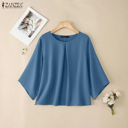 ZANZEA Women's Minimalist Solid Blouses Summer Casual O-Neck 3/4 Flare Sleeves Pleated Loose Tops 2026 Spring Woman Clothes 3XL