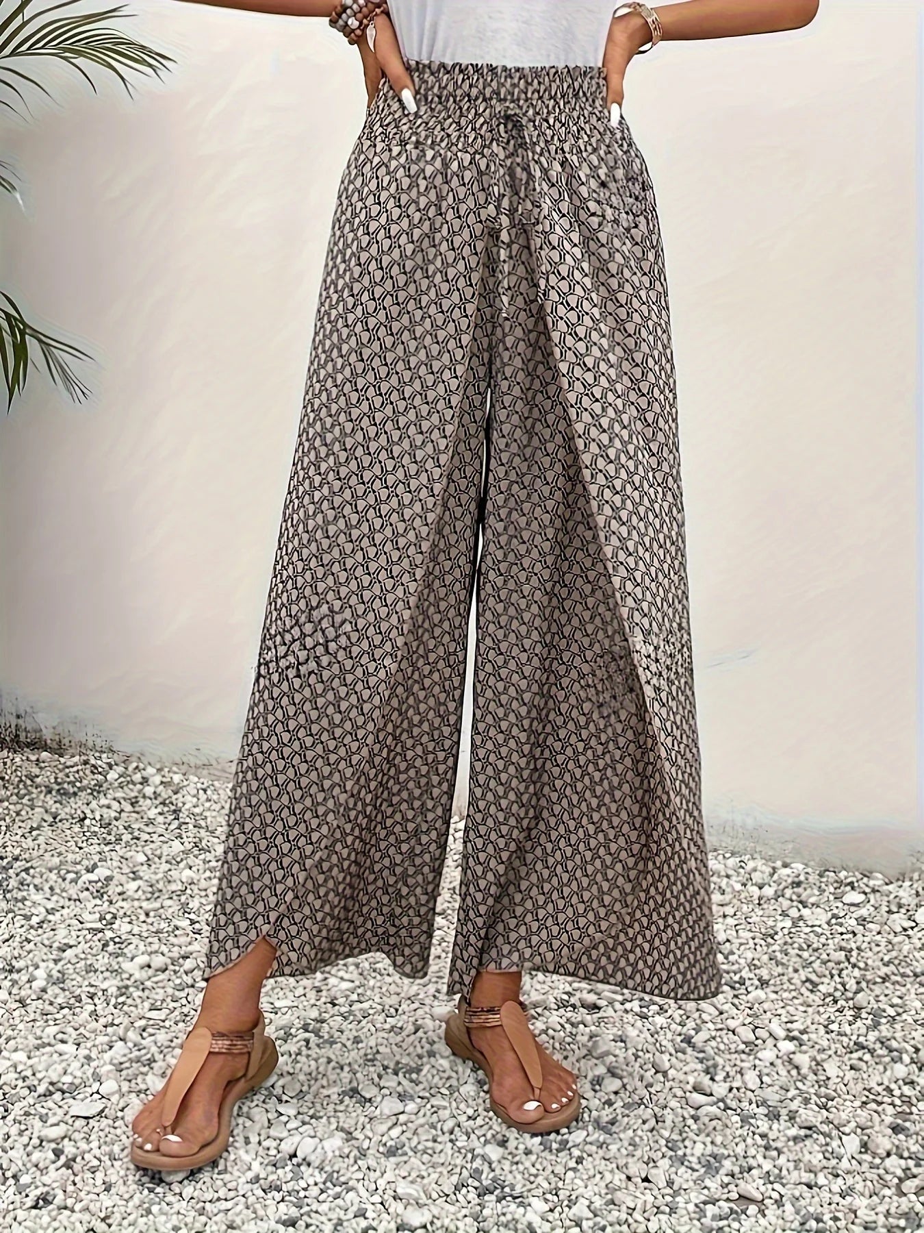 Spring Summer Women Elegant Wide Legs Pants Casual Vacation Beach Print Trousers Office Lady Loose High Waist Pants