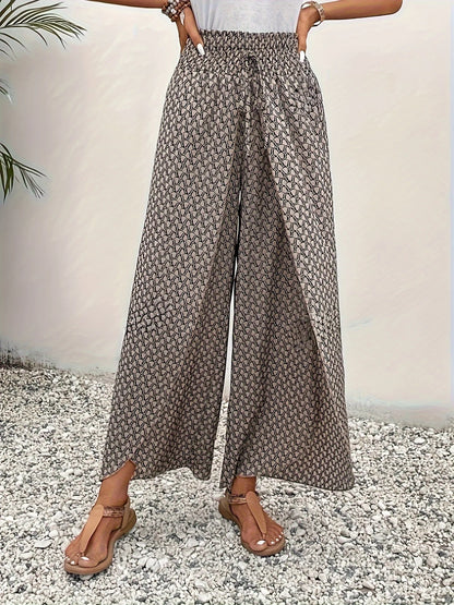 Spring Summer Women Elegant Wide Legs Pants Casual Vacation Beach Print Trousers Office Lady Loose High Waist Pants