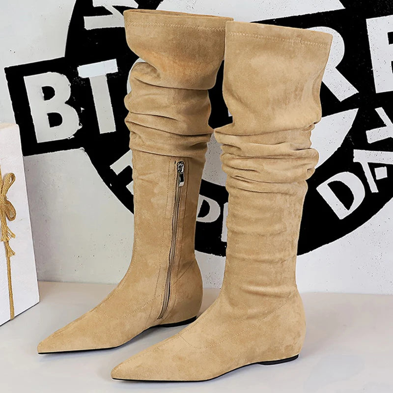 BIGTREE Shoes Women Over-the-knee Boots Side Zipper Pleated Long Boots Flat Heeled Boots Women Shoes Suede Autumn Winter Boots