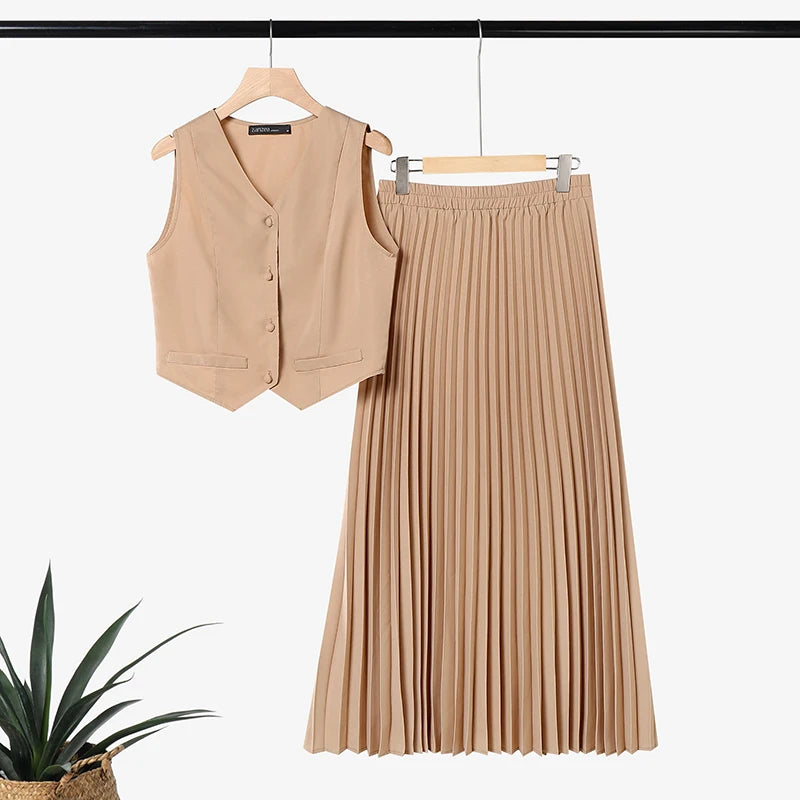 ZANZEA 2PCS Office Outfits Summer Elegant Sleeveless V Neck Short Sleeve Cropped Shirt Pleated Dress Sets Women 2 Pieces Sets