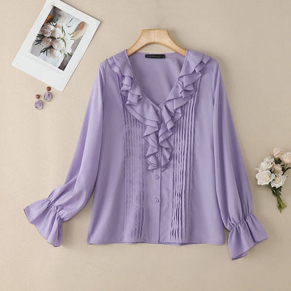 ZANZEA Elegant Ruffles Trim Women's Shirts Classy V-Neck Flared Sleeves Pintuck Detailed Button Up Purple Blouses Woman Clothes