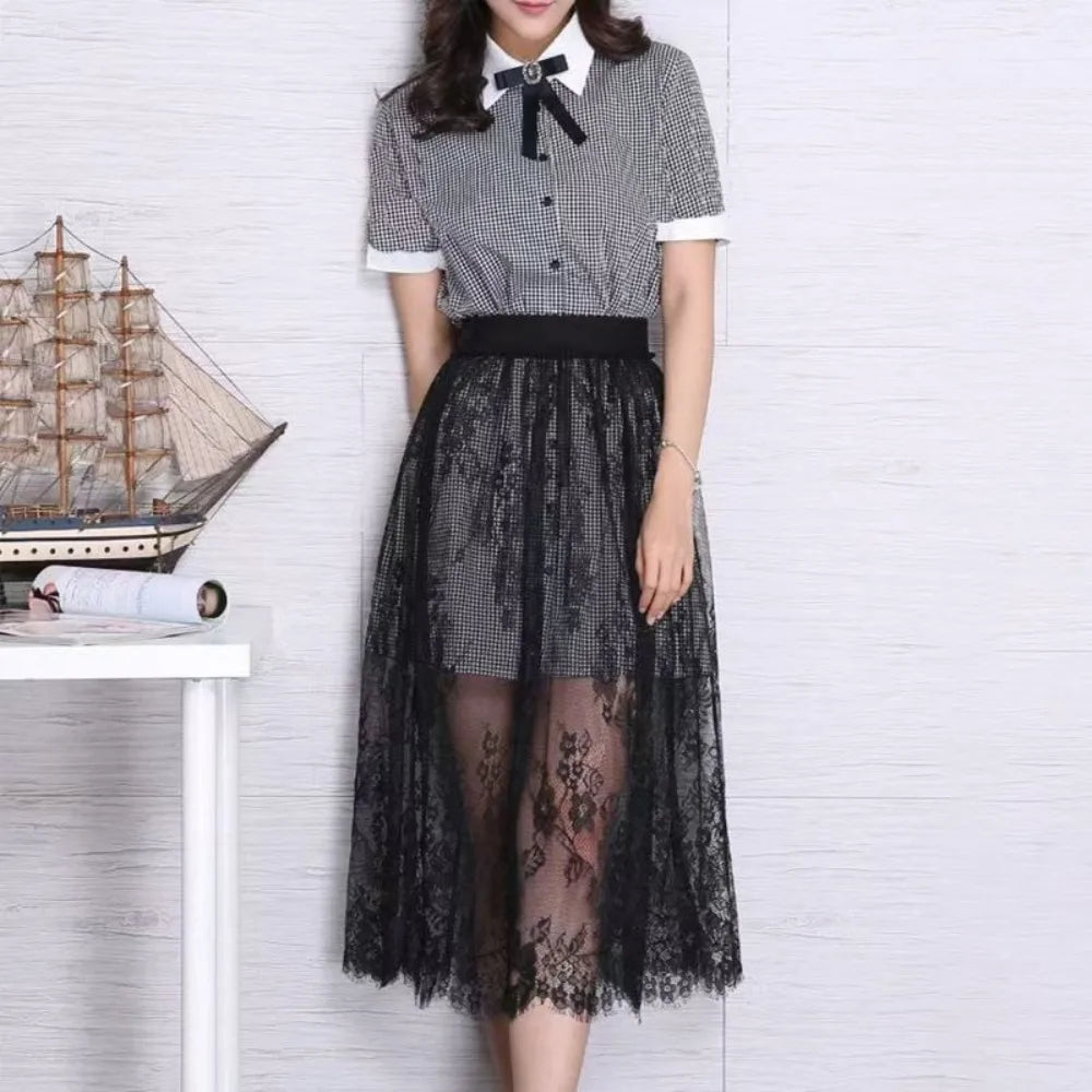 Fashion Transparent Sexy Lace Mesh Skirt Elegant Lace Long Tulle Skirt Ladies Elastic High Waist Womens Skirt Ladies
