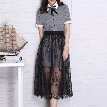 Fashion Transparent Sexy Lace Mesh Skirt Elegant Lace Long Tulle Skirt Ladies Elastic High Waist Womens Skirt Ladies