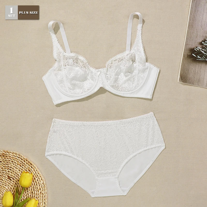 BEAUWEAR Female Big Size Lace Lingerie Set Bra with Wire Unlined Thin Breathable Bra and Panties Set 85C-110E