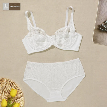 BEAUWEAR Female Big Size Lace Lingerie Set Bra with Wire Unlined Thin Breathable Bra and Panties Set 85C-110E