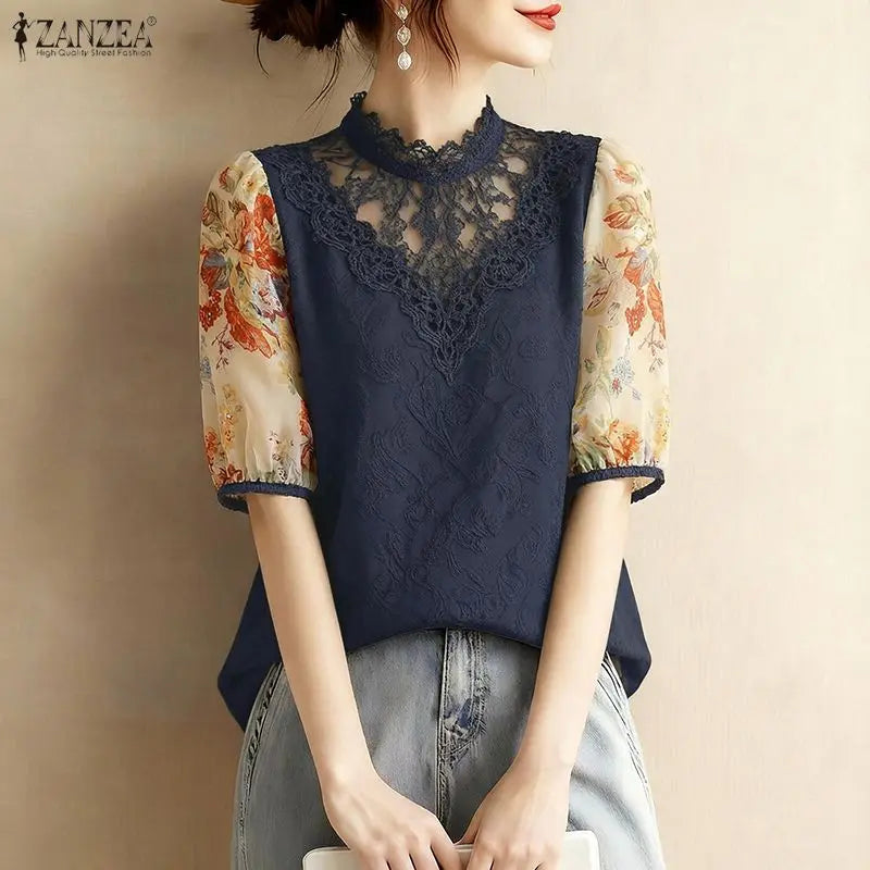 ZANZEA Women's Elegant Floral Chiffon Puff Sleeves Blouses Lace Patchwork Stand Collar Classy Tops 2026 Summer Woman Clothes 3XL