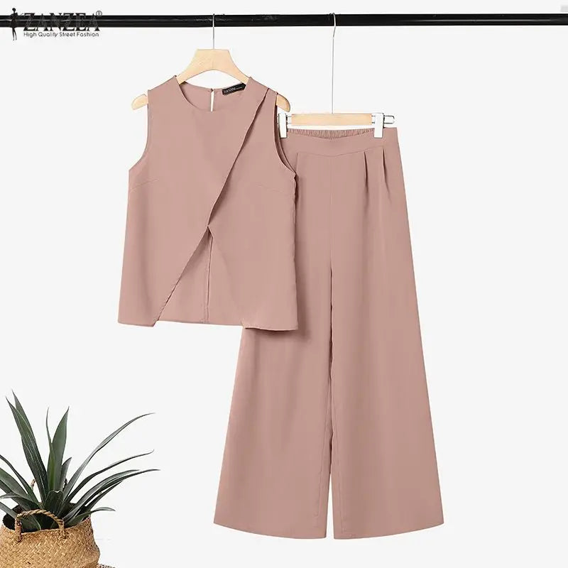 ZANZEA Summer Women Pant Sets Solid Color  Sleeveless Tops Wide Leg Pants Fashion 2PCS Two-piece Outfits OL Party Streetwear