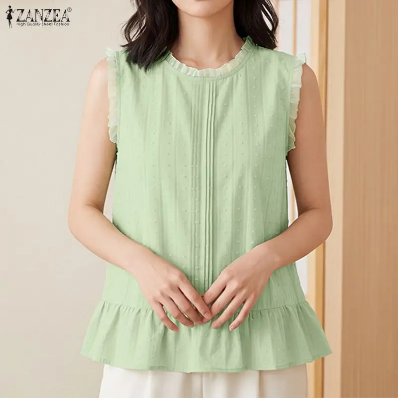 ZANZEA Women Blouses Ruffles Tops Sleeveless Tee Summer Blusas O Neck Tunic Oversize Casual Blouse Solid Color Streetwear