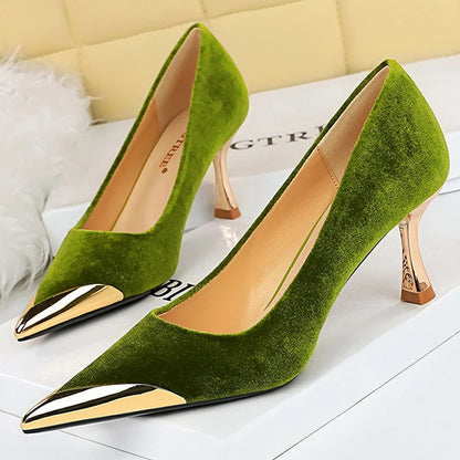 Women 7 Cm Heels Metal Pointed Women Pumps Fashion Kitten Heels Sexy Party Shoes Women Suede Lady Heels Luxury Wedding Shoes