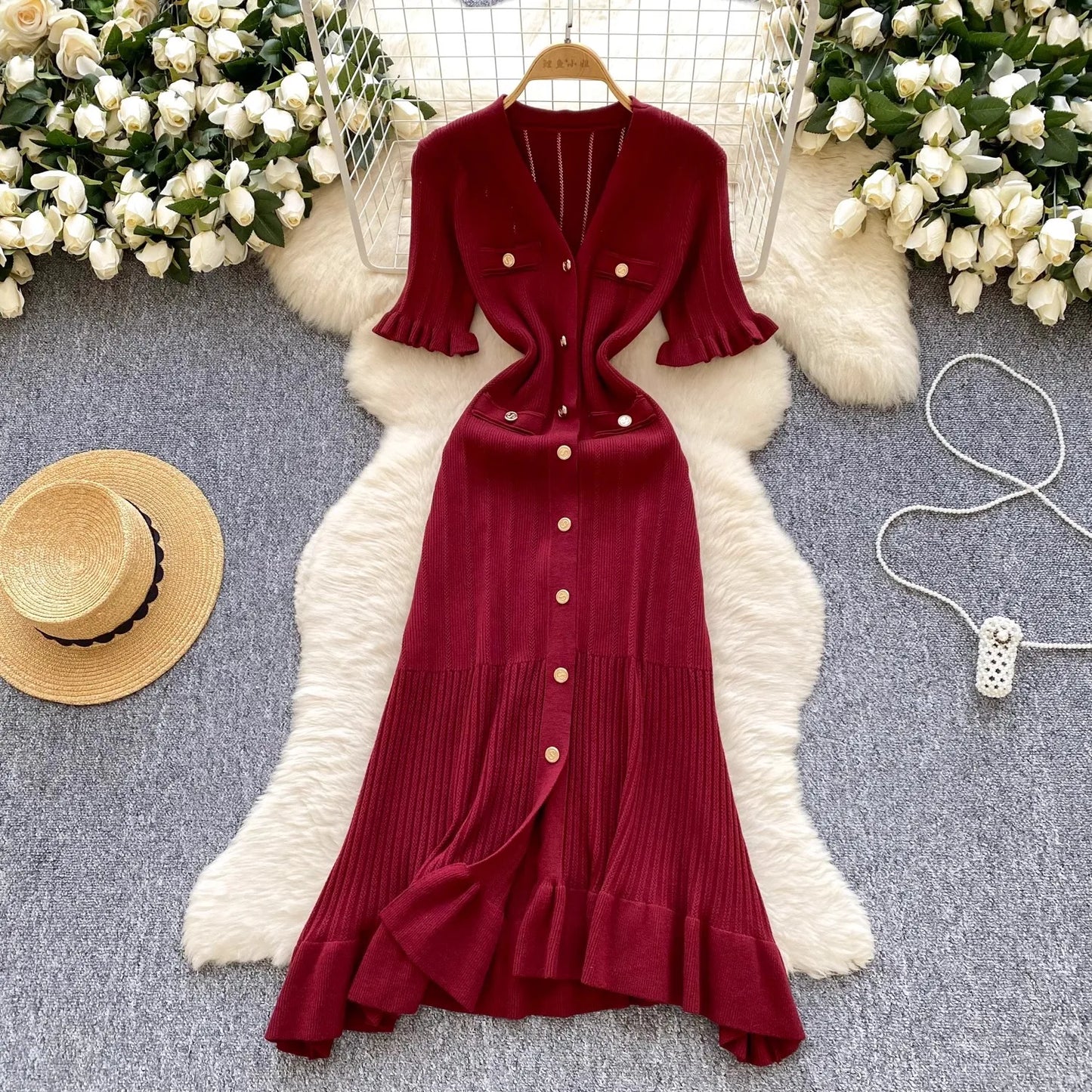 YuooMuoo Brand Fashion Vintage Knitted Long Dress Spring Summer Women Elegant V-neck Ruffled Bodycon Sweater Dress Party Vestido
