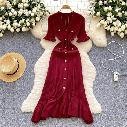YuooMuoo Brand Fashion Vintage Knitted Long Dress Spring Summer Women Elegant V-neck Ruffled Bodycon Sweater Dress Party Vestido