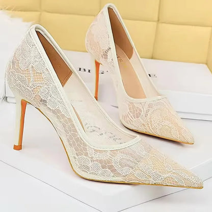 BIGTREE Shoes Wine Red Lace Women Pumps Mesh Hollow High Heels Sexy Party Shoes Stilettos Pointed Toe Female Pumps Tacones