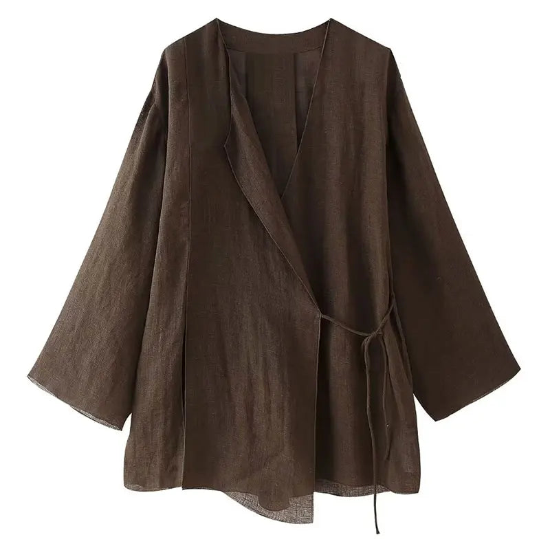 HH 2025 Spring Women Fashion Linen Suits New Solid Cardigan Kimono Top + Versatile Outerwear Female Wide Leg Long Pant