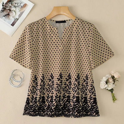 ZANZEA Women Blouse Short Sleeve Top Loose Elegant Office Casual V-Neck Polka Dot Summer Blusas Streetwear Tunic Tee