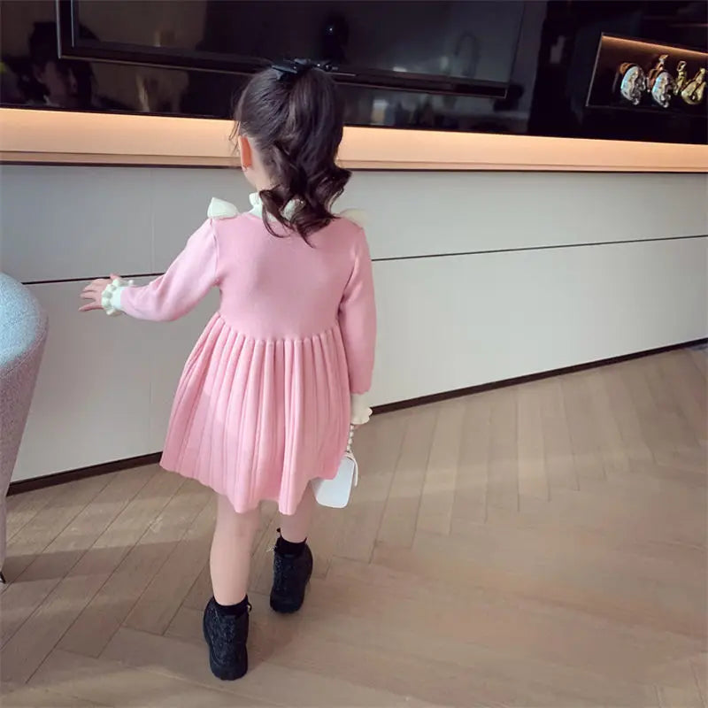 2025 New Girls Autumn Winter Ruffled Collar Long Sleeve Knit Princess Dress Stylish Childrens Cotton Dress