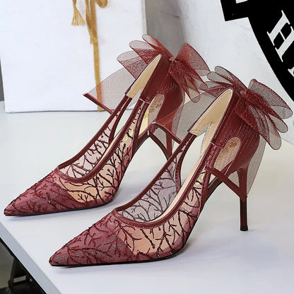 BIGTREE Shoes Sexy Hollow Lace Mesh Women Pumps Bowknot High Heels Pointed Tip Stiletto Heels 9.5 cm Sexy Party Shoes Women Pump