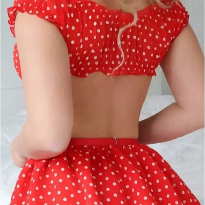 Women's Sexy Polka Dot 2 Piece Lingerie Set, Off Shoulder Mesh Tulle Skirt with Garter Straps for Nightwear