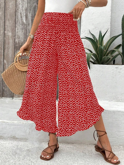 Women's Floral Wide Leg Nine-Point Pants Stretch High Waist Ruffled Slit Hem Casual Summer Beach Flowing Lightweight Pants