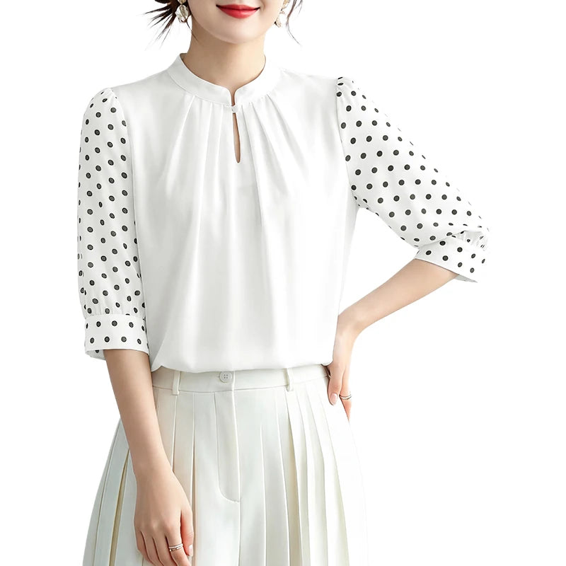 ZANZEA Women Elegant Gathered Blouses Spring Polka Dot 3/4 Puff Sleeves Stand Collar Tops Summer Daily Casual Blusas de Mujer