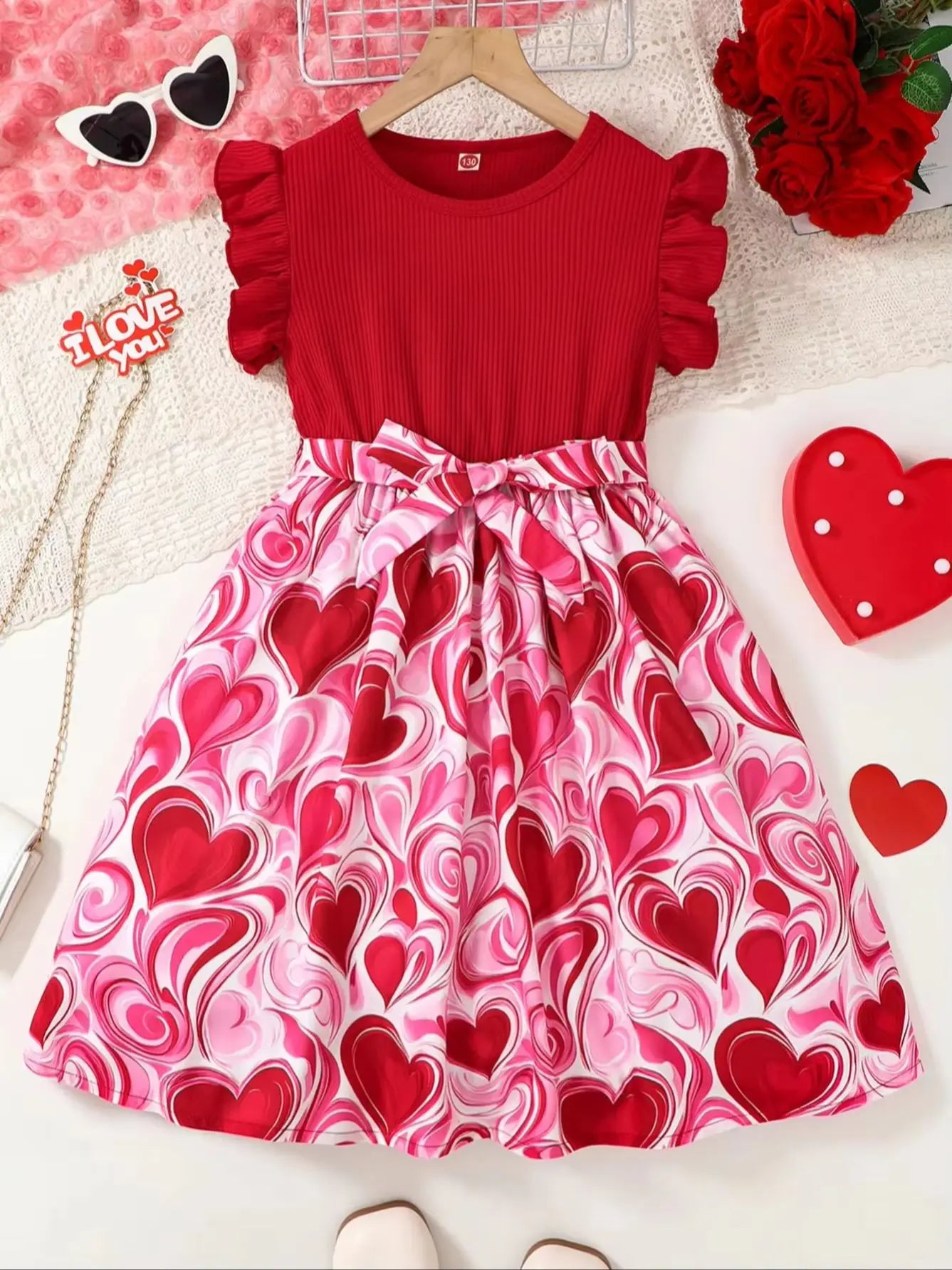 Girls Valentine's Day Dress Fashionable Comfortable Red round Neck Striped Mini Dress Heart Print Skirt for Kids