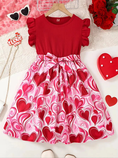 Girls Valentine's Day Dress Fashionable Comfortable Red round Neck Striped Mini Dress Heart Print Skirt for Kids