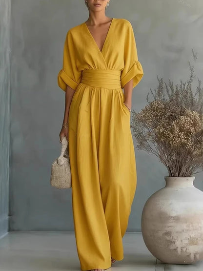 Women Elegant High Waist Jumpsuits Summer Short Sleeve Wide Leg Pants Romper Casual V Neck Solid Loose Jumpsuits Streetwear