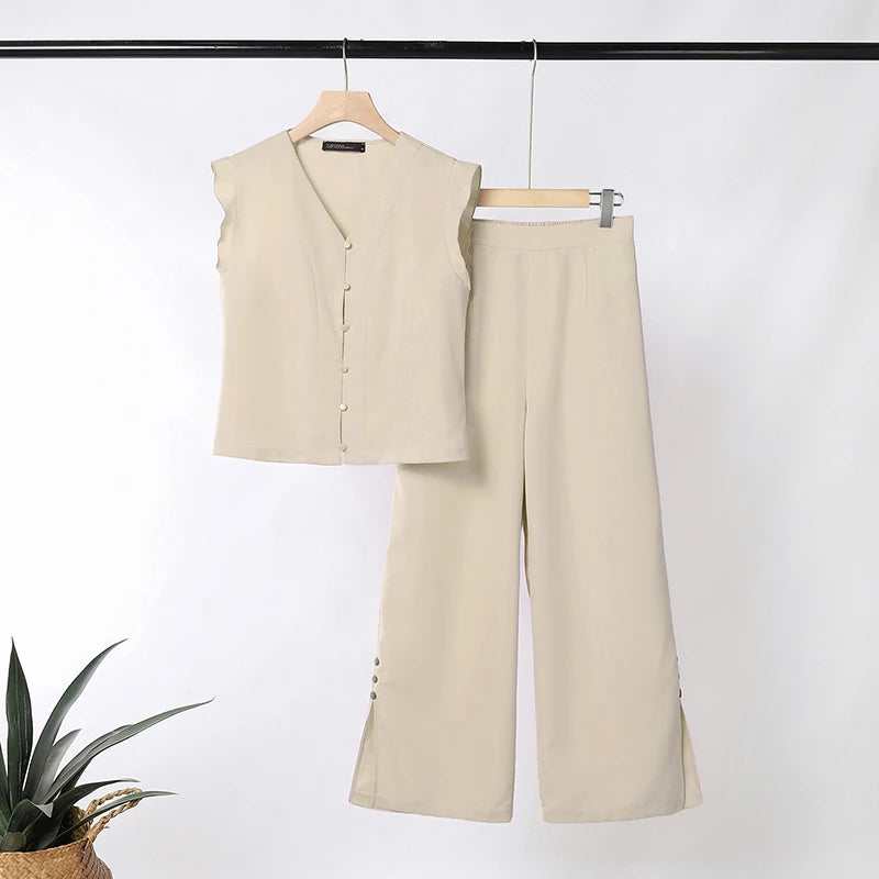 ZANZEA Womens Pant Sets Side Slit Wide Leg Pants & Ruffles Trim Sleeveless Tops 2 Piece Suits Summer Casual Bohemian Outfits