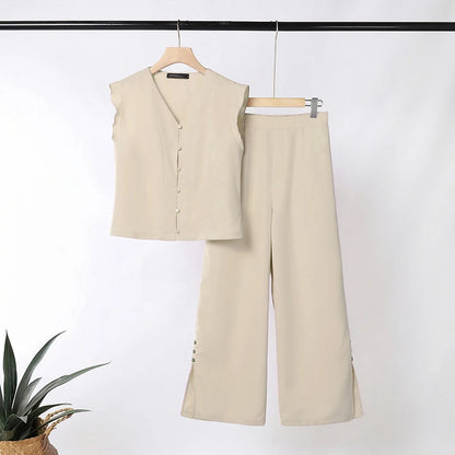 ZANZEA Womens Pant Sets Side Slit Wide Leg Pants & Ruffles Trim Sleeveless Tops 2 Piece Suits Summer Casual Bohemian Outfits