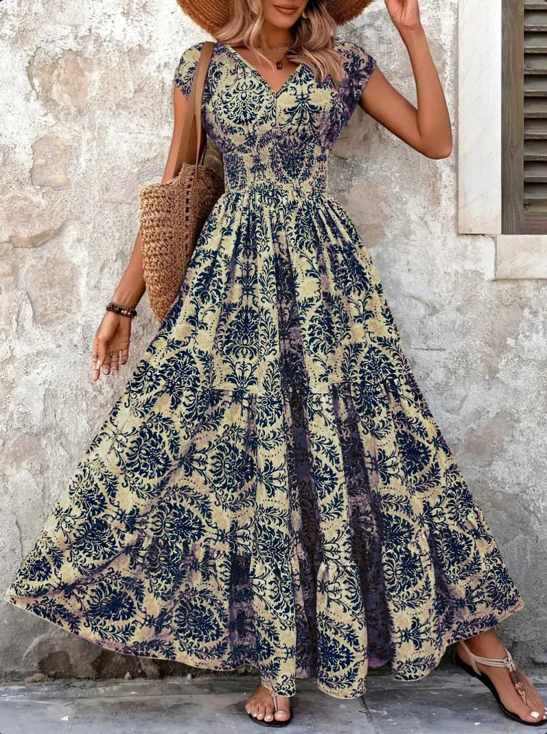 2026 Vintage Floral Print Dress Elegant V-Neck Short Sleeve Long Women's Fashion Retro Gown