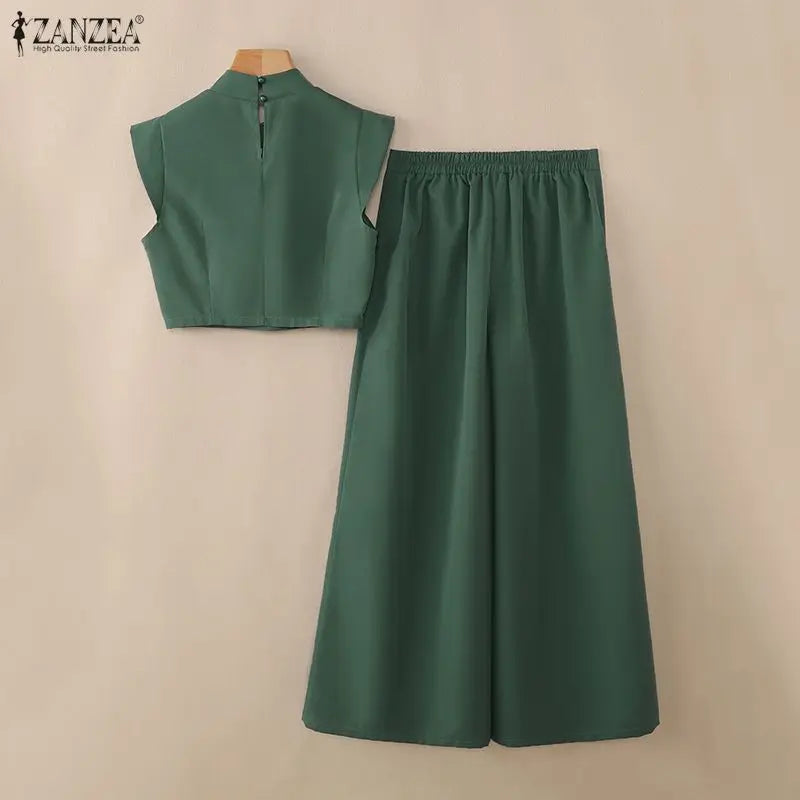 ZANZEA Women's Elegant Pant Suits Wide Leg Pant & Stand Collar Crop Top 2 Pieces Sets Minimalist Fashion Outfits Streetwear