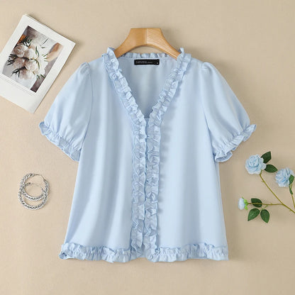 ZANZEA Elegant Ruffled Trim Blouses for Woman V-Neck Short Puff Sleeves Solid Color Tops Summer Casual Date Nights Blusas Mujer