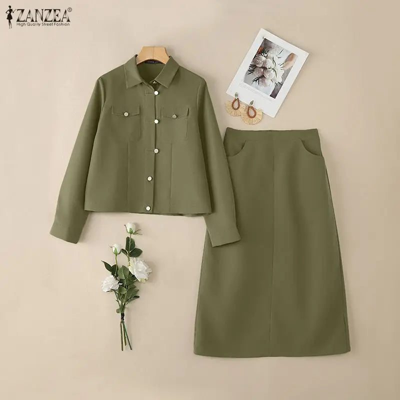 ZANZEA Fashion Women's Skirt Suits Autumn Long Sleeve Jackets and Elastic Waist Midi Skirts 2 Piece Sets Outfits Woman Clothes