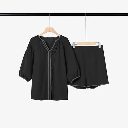 ZANZEA Women's Casual Short Sets Summer 3/4 Lantern Sleeve Contrast Trim V-Neck Shirt & Elastic Waist Shorts 2pcs Suits Outfits