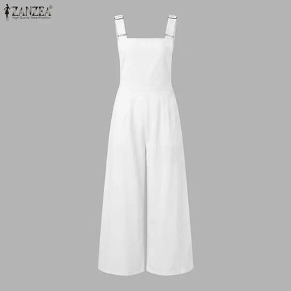 ZANZEA Elegant Wide Leg Bib Jumpsuits with Adjustable Suspender Strap & Detachable Sash, Summer Women Casual Overalls Streetwear
