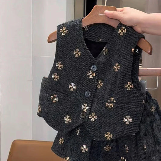 Kids Girls Elegant 2-Piece Set Dark Gray V-Neck Vest with Gold Sequin Flower Embroidery + Matching Skirt Fall/spring Outfit Girl