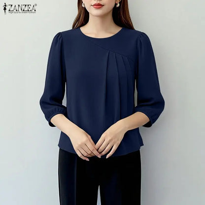 ZANZEA Women's Elegant Pleated Detail Blouses O-Neck 3/4 Puff Sleeve Crinkled Fabric Tops Solid Color Casual Blusas de Mujer 3XL
