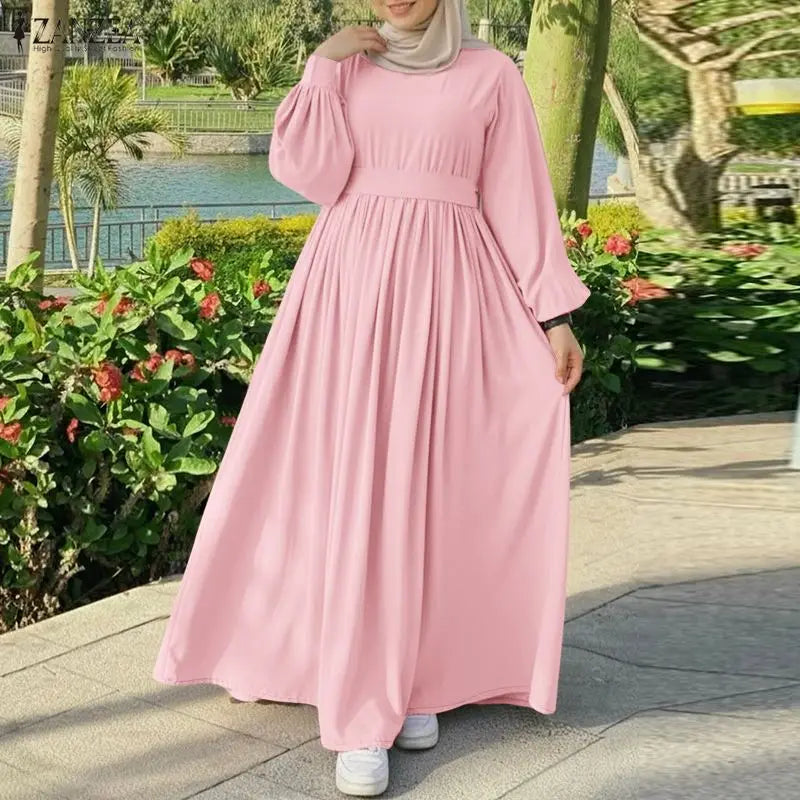 2026 ZANZEA Fashion Muslim Abaya Dress Dubai Robe Women Long Lantern Sleeve Pleated Sundress Elegant Solid A Line Party Dresses