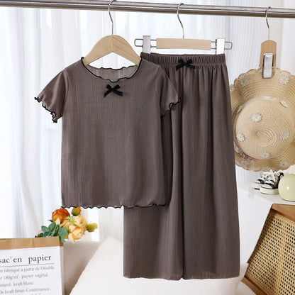 1Set Girls Short Sleeve Round Neck T-shirt Tops+Pants Babys Summer Fashion Sweet Bow Childrens Set New Kids Casual Home Clothes