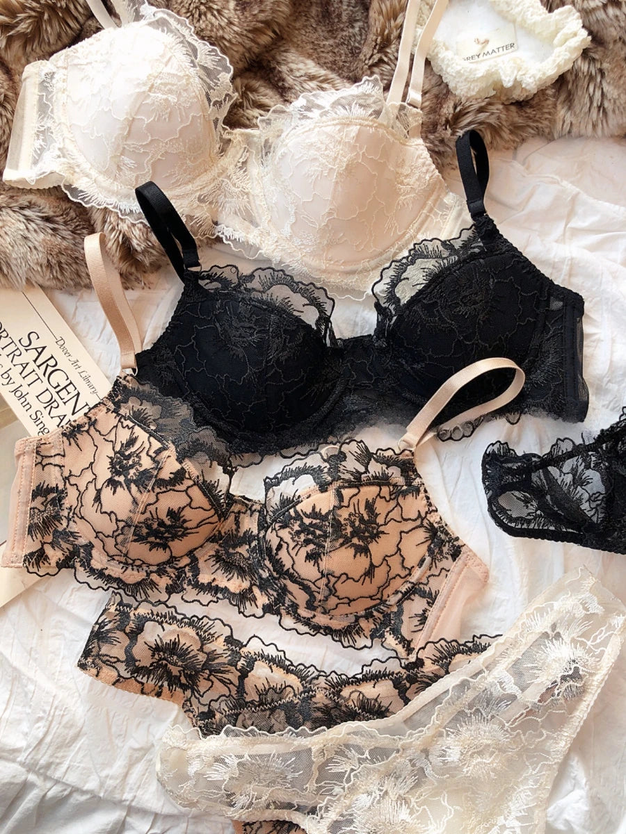 Sexy Lace Flowers Embroidery Bra Set Thin 3/4 Cup Push Up Lingerie For Women Summer Breathable Comfort Brassiere Underwear Sets