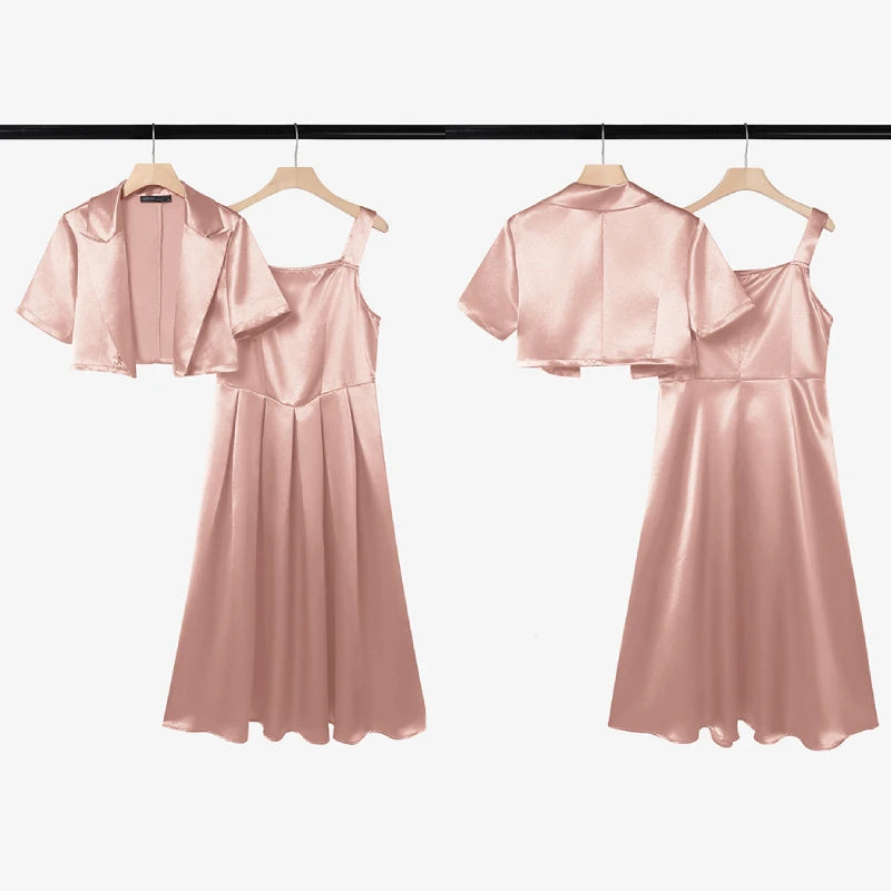 ZANZEA Women's Elegant Satin Dress Sets Sleeveless Pleated Maxi Dress & Short Sleeve Cropped Jackets 2 Piece Sets Fashion Outfit